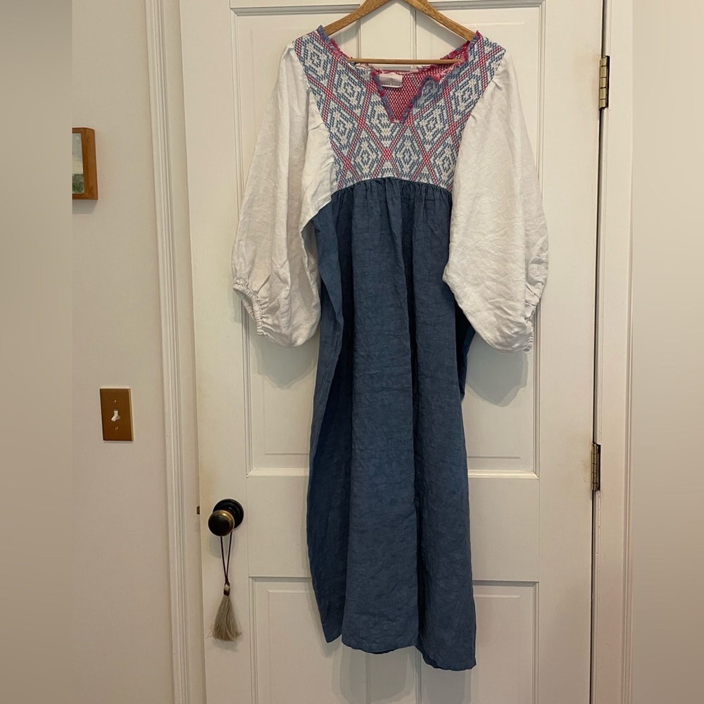 Embroidered Blue and White Bohemian Dress by Nina Leuca, with pink accents.